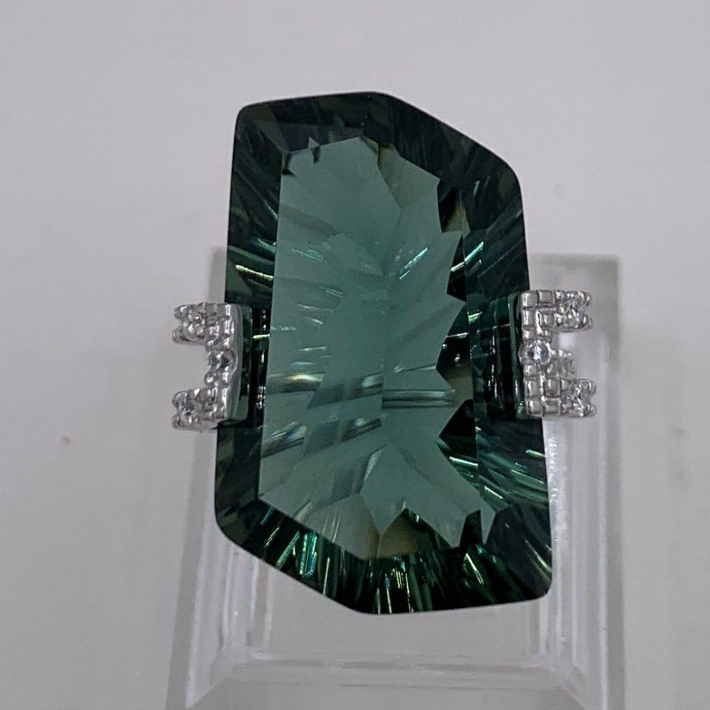 Ring solid 925 sterling silver, natural green amethyst, clear gem accent…